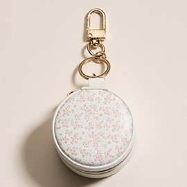 Floral Pattern Printed Round Shaped Travel Jewelry Case Keychain Bag Charm