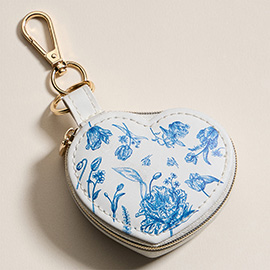 Floral Pattern Print Heart Shaped Jewelry Case Keychain Bag Charm
