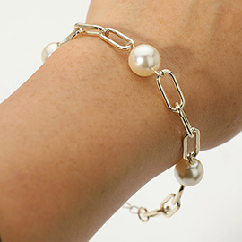 14K Gold Plated Pearl Paperclip Chain Link Bracelet