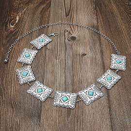 Turquoise Stone Accent Western Metal Square Link Concho Chain Belt