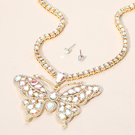 Rhinestone Embellished Butterfly Pendant Accented Tennis Chain Evening Necklace