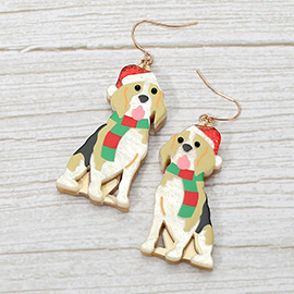Festive Holiday Scarf Beagle Dog Dangle Earrings