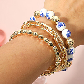 3PCS - Floral Ceramic Ball Metal Ball Beaded Stretch Multi Layered Bracelet