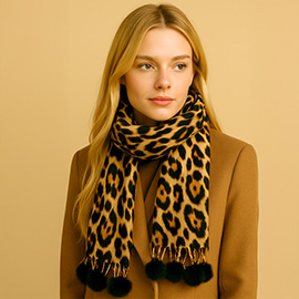 Pom Pom Tassel Trim Leopard Print Scarf