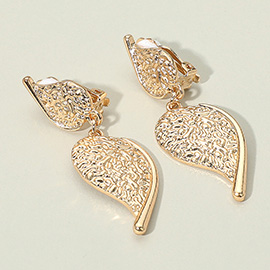 Textured Metal Leaf Drop Clip On Earrings