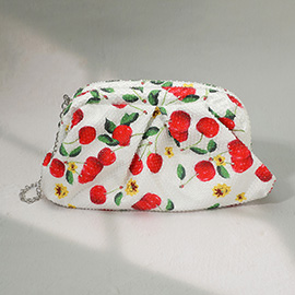 Bling Studded Cherry Floral Pattern Evening Clutch Bag Crossbody Bag