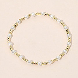 Pearl Accent Stainless Steel Ball Beaded Stretch Bracelet