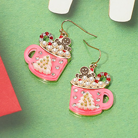 Gingerbread Man Pearl Bubble Holiday Cocoa Mug Dangle Earrings