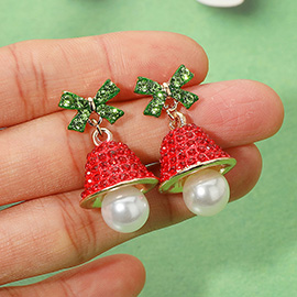 Pearl Bow Accent Rhinestone Studded Holiday Bell Dangle Earrings