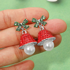 Pearl Bow Accent Rhinestone Studded Holiday Bell Dangle Earrings