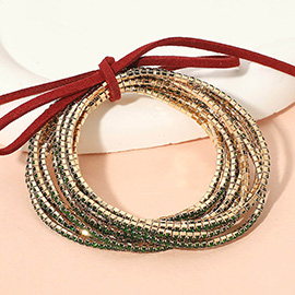 12PCS - Ribbon Colorful Rhinestone Layered Stretch Bracelets