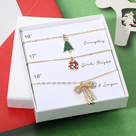 3PCS - Christmas Tree Gift Box Bow Pendant Necklace Set