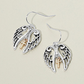 Two Tone Metal Cross Tip Angel Wing Dangle Earrings
