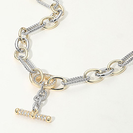 14K Gold Plated Two Tone CZ Stone Paved Toggle Pendant Chunky Chain Necklace