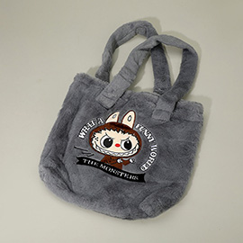 Monster Bunny Character Embroidered Faux Fur Plush Tote Bag