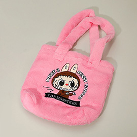 Monster Bunny Character Embroidered Faux Fur Plush Tote Bag