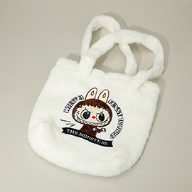 Monster Bunny Character Embroidered Faux Fur Plush Tote Bag