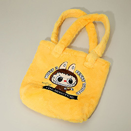 Monster Bunny Character Embroidered Faux Fur Plush Tote Bag