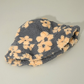 Faux Fur Plush Floral Pattern Winter Bucket Hat