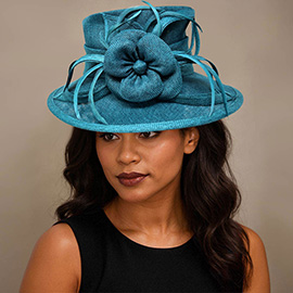 Flower Ribbon Feather Accented Sinamay Dressy Hat
