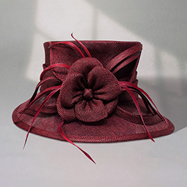 Flower Ribbon Feather Accented Sinamay Dressy Hat