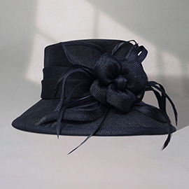 Flower Ribbon Feather Accented Sinamay Dressy Hat