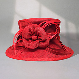 Flower Ribbon Feather Accented Sinamay Dressy Hat