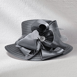 Rhinestone Center Feather Bow Accent Dressy Hat