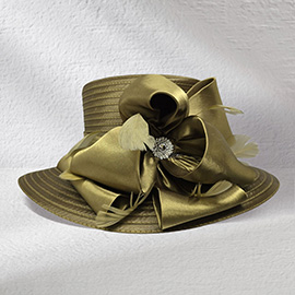 Rhinestone Center Feather Bow Accent Dressy Hat