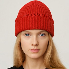 Chunky Ribbed Knit Loop Trim Winter Beanie Hat