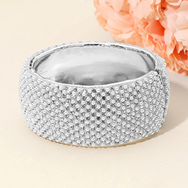 Wide Rhinestone Pearl Paved Hinged Evening Bangle Bracelet