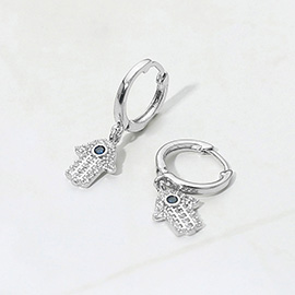 Brass CZ Stone Paved Evil Eye Hamsa Hand Dangle Huggie Earrings