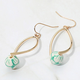 Gold Dipped Floral Ceramic Ball Accent Abstract Teardrop Dangle Earrings