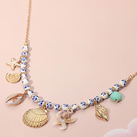 18K Gold Dipped Seashell Starfish Charm Station Floral Ceramic Ball Beaded Necklace