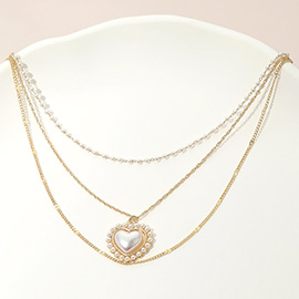 Pearl Heart Pendant Accent Triple Chain Layered Necklace