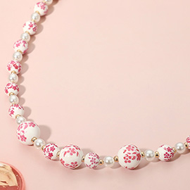 18K Gold Dipped Floral Ceramic Ball Pearl Beaded Necklace