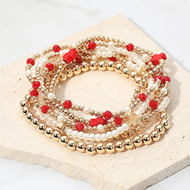 7PCS - Cross Pearl Metal Ball Beaded Stretch Multi Layered Bracelets