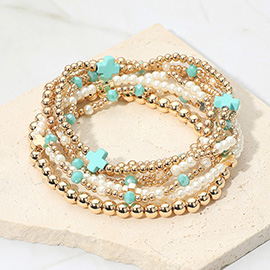 7PCS - Cross Pearl Metal Ball Beaded Stretch Multi Layered Bracelets
