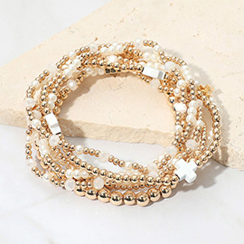 7PCS - Cross Pearl Metal Ball Beaded Stretch Multi Layered Bracelets