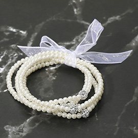 5PCS - Shamballa Ball Accent Pearl Beaded Stretch Multi Layered Bracelets