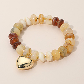 Metal Heart Charm Accent Resin Pebble Beaded Stretch Bracelet