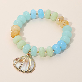 Seashell Charm Accent Resin Pebble Beaded Stretch Bracelet