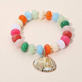 Seashell Charm Accent Resin Pebble Beaded Stretch Bracelet