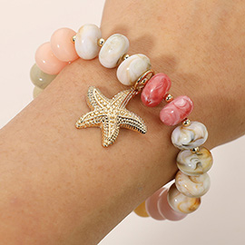 Textured Metal Starfish Charm Accent Resin Pebble Beaded Stretch Bracelet