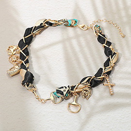 Horsebit Link Center Horse Horseshoe Pearl Cross Starburst Charm Station Fabric Necklace