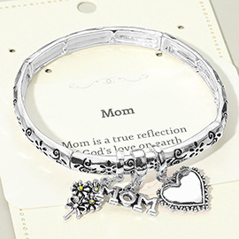 Mom Message Heart Flower Charm Stretch Bracelet