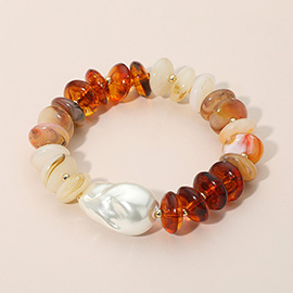 Abstract Pearl Accent Resin Pebble Beaded Stretch Bracelet