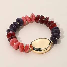 Polished Metal Accent Resin Pebble Beaded Stretch Bracelet