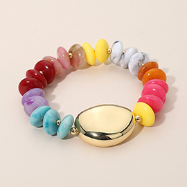 Polished Metal Accent Resin Pebble Beaded Stretch Bracelet