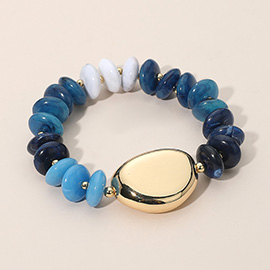 Polished Metal Accent Resin Pebble Beaded Stretch Bracelet
